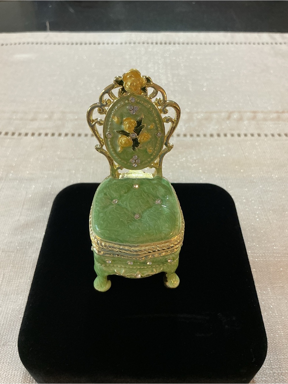 Green Chair Enameled Vintage Style Gold Tone Trinket Box